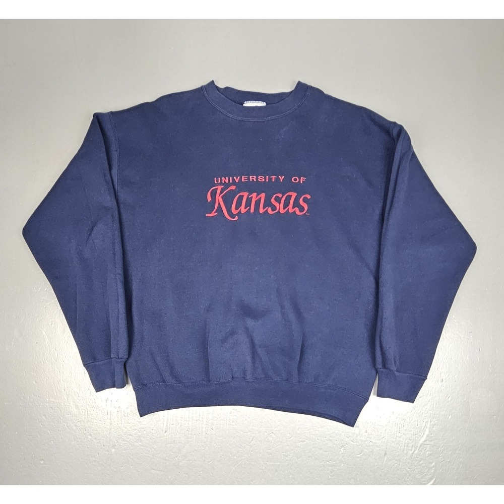 Vintage Kansas Jayhawks Sweatshirt Mens XL Blue Embroidered Crewneck‎ USA 90s